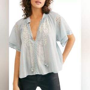Free People Dahlia Eyelet Light Blue Embroidered Peasant Top with Tassel Tie